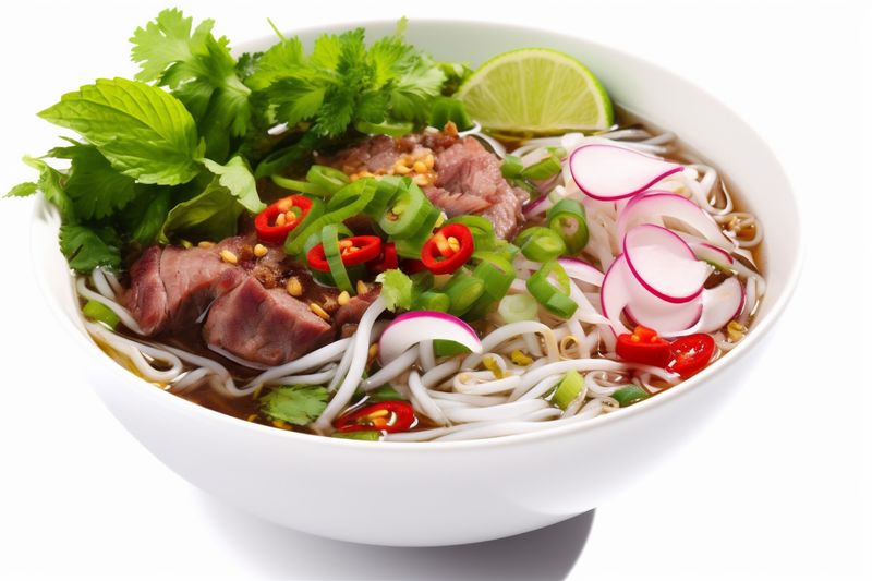 soup traditional white noodle asian food broth pho background bowl dish. Generative AI.