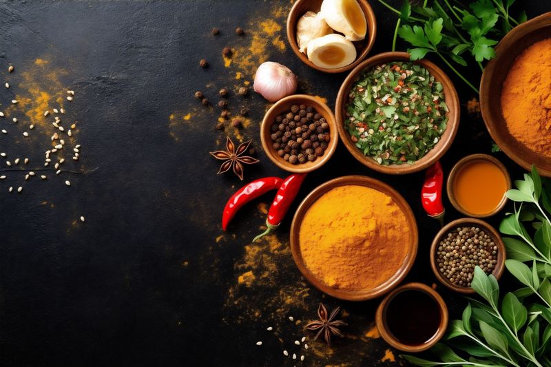 background ingredient indian cooking food herb seasoning group dry spice powder. Generative AI.