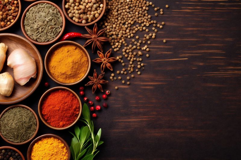 background cooking ingredient food indian herb spice seasoning spoon dry powder. Generative AI.