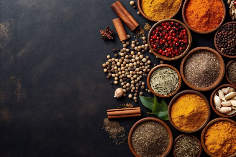 indian food seasoning dry ingredient spice cinnamon background cooking powder herb. Generative AI.