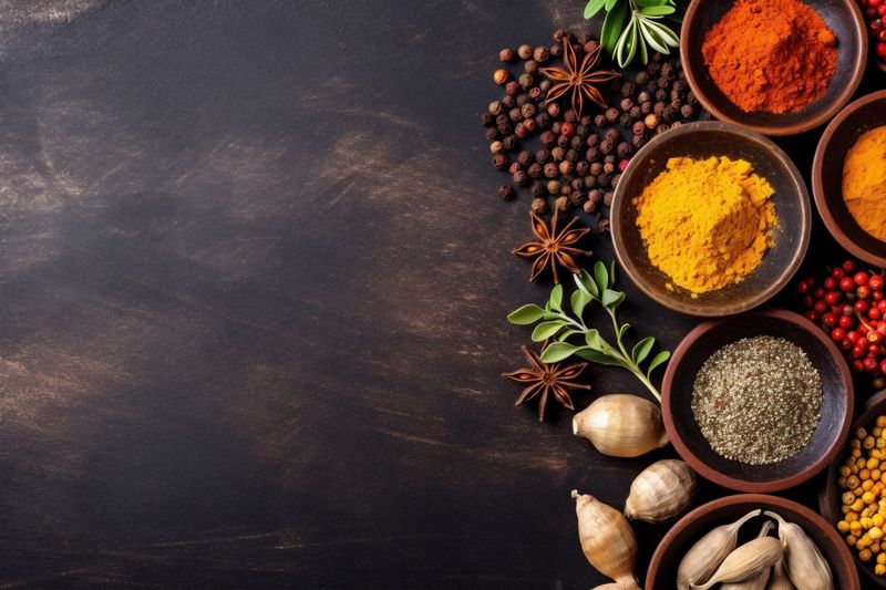 food dry seasoning indian herb background ingredient spice cooking powder table. Generative AI.