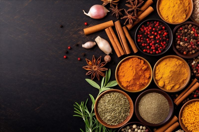 curry ingredient background food seasoning indian dry herb spice powder cooking. Generative AI.