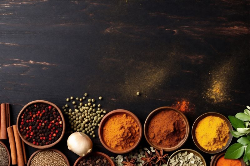 ingredient aromatic seasoning indian herb powder food dry spice cooking background. Generative AI.