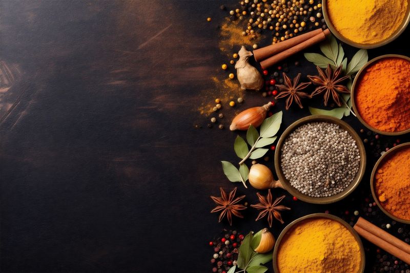 dry herb seasoning spice ingredient background indian cooking powder food table. Generative AI.