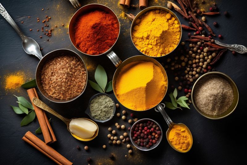 seasoning dry herb food spice powder indian background cooking ingredient table. Generative AI.