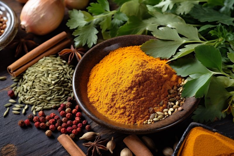 dry powder seasoning food herb spice background indian space ingredient copy cooking. Generative AI.