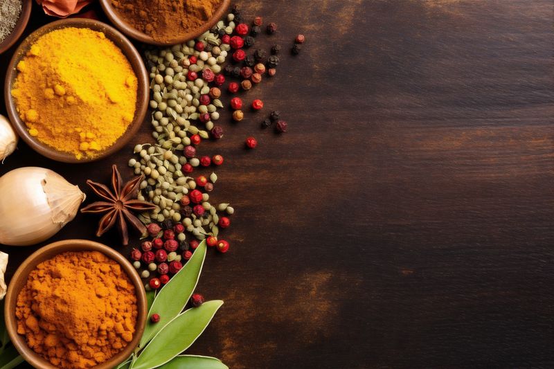 background indian dry seasoning ingredient food spice powder cooking natural herb. Generative AI.