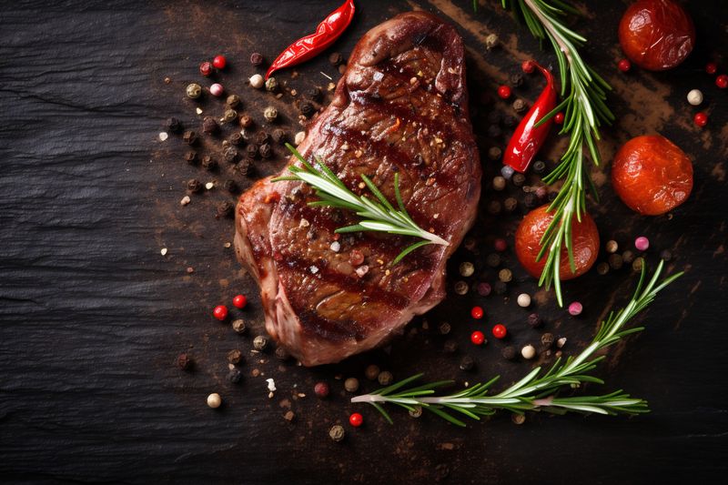food beef raw dark fried grill background steak meat board red. Generative AI.