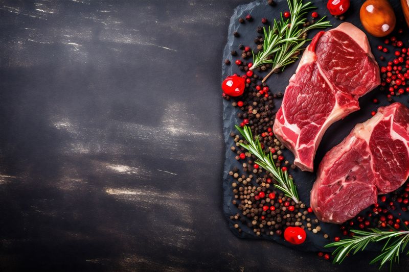 food beef grill background barbecue steak red fried raw meat dark. Generative AI.