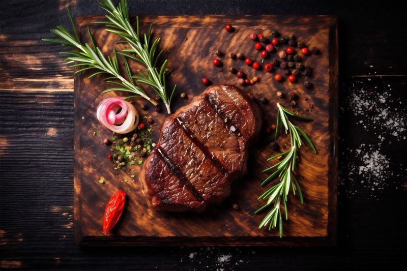 beef background wooden meat grill steak dark fried food raw red. Generative AI.