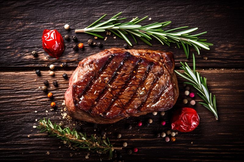 slice background beef meat raw steak food fried grill red dark. Generative AI.