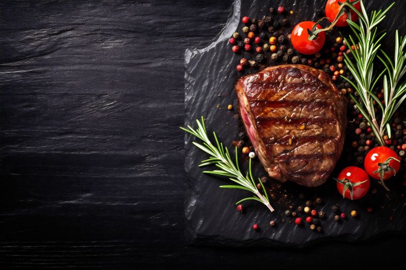 background raw meat dark fried medium grill beef food red steak. Generative AI.