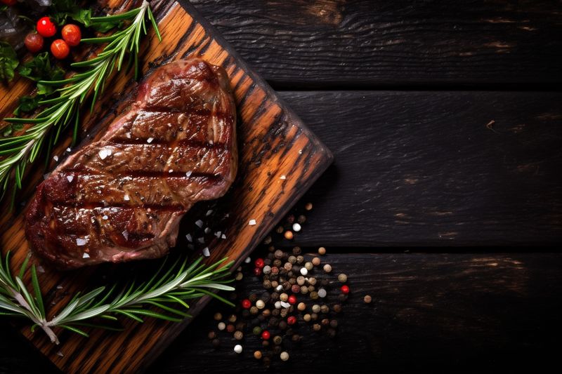 barbecue raw beef steak fried grill food red dark meat background. Generative AI.