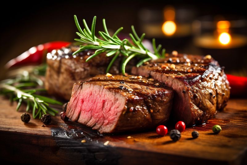 steak red background raw fillet beef fried grill food meat dark. Generative AI.