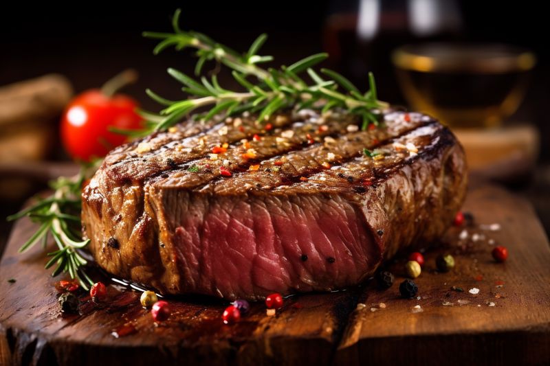 food grill fried steak meat dark background bar-b-q raw beef red. Generative AI.