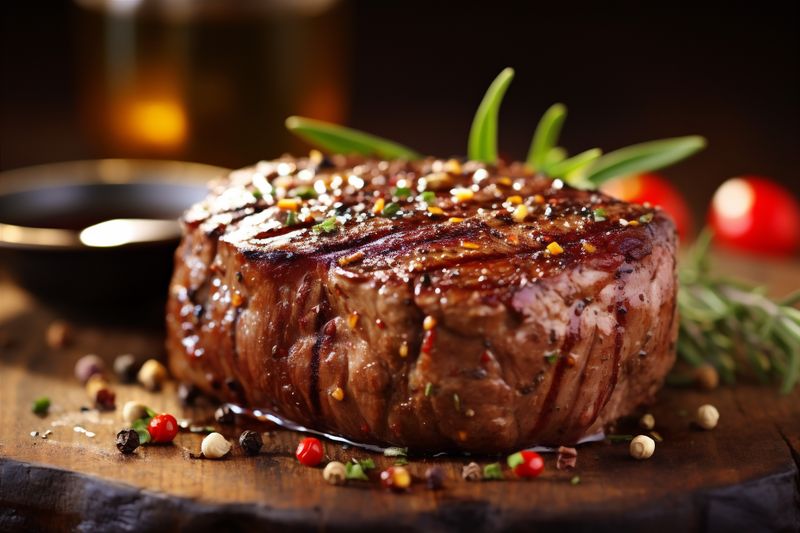 raw dark fried grill meat food background beef tasty red steak. Generative AI.