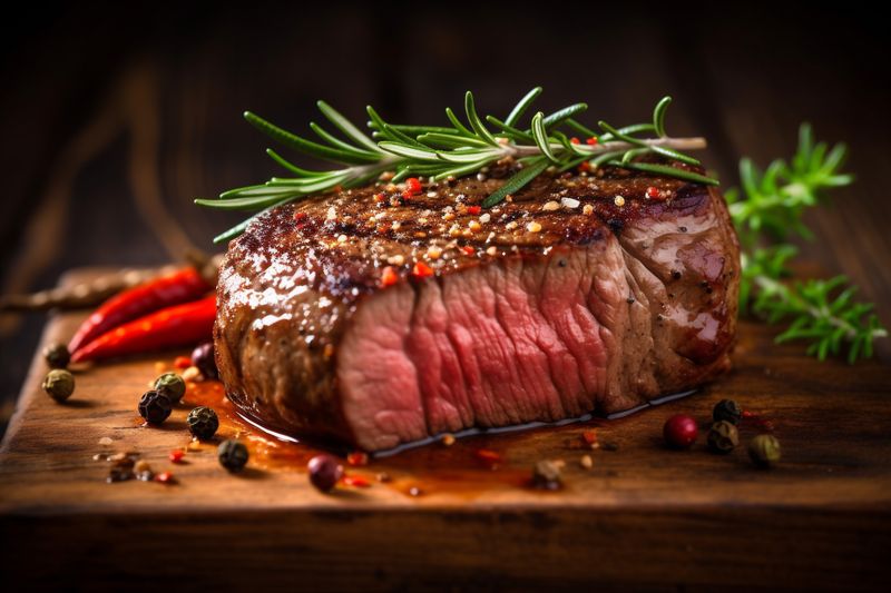 grill red beef steak black dark food raw background meat fried. Generative AI.