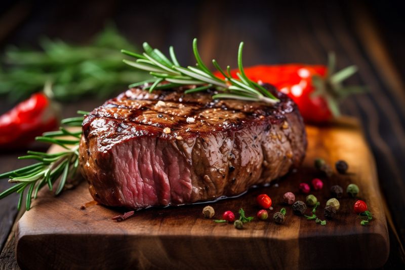 dark meal meat fried grill beef food raw red steak background. Generative AI.