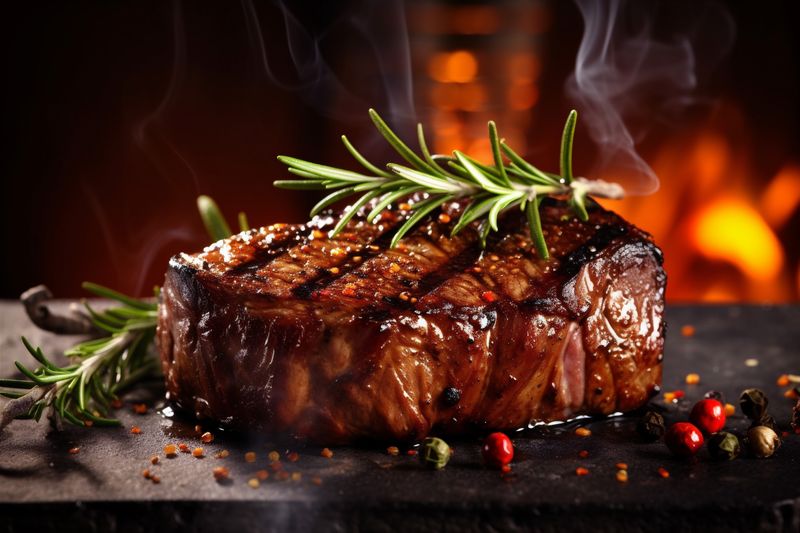 red grill slice raw beef fried dark steak meat background food. Generative AI.