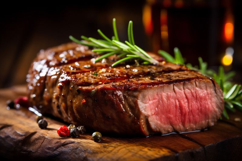 steak raw beef salt meat dark food fried grill background red. Generative AI.