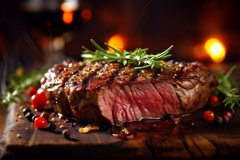 ingredient background grill food dark raw red beef steak meat fried. Generative AI.