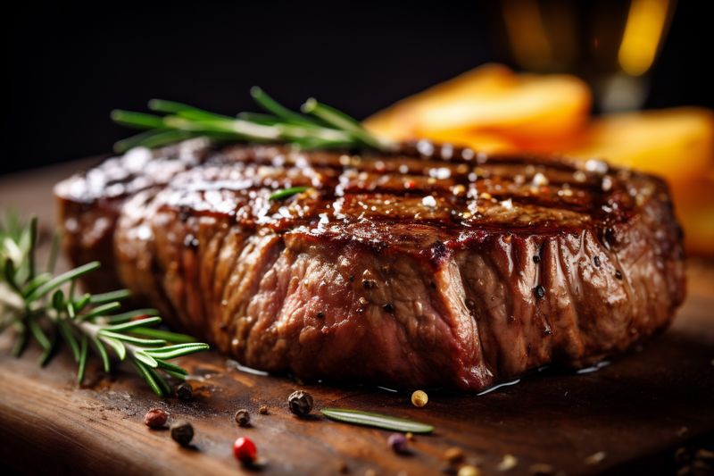 table dark meat beef red background fried raw steak grill food. Generative AI.