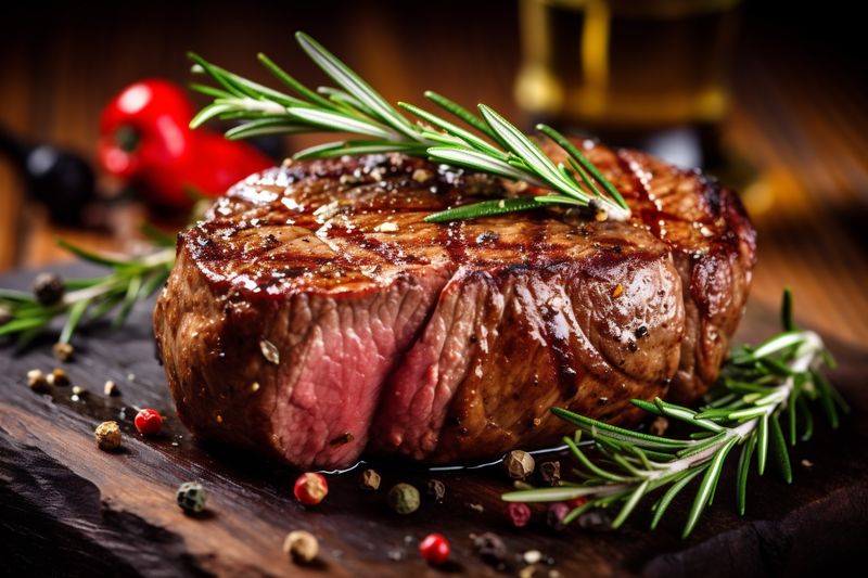 beef steak raw background dark meat red fried grill rosemary food. Generative AI.