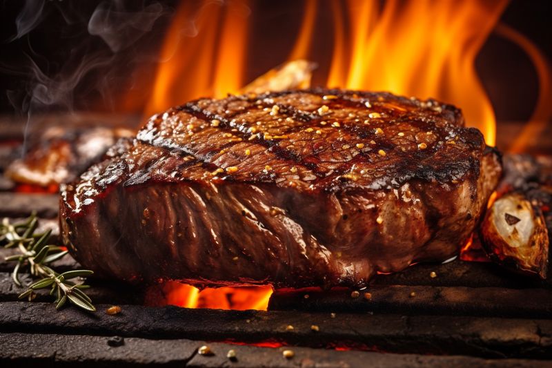 spice raw fried food steak red meat beef dark grill background. Generative AI.