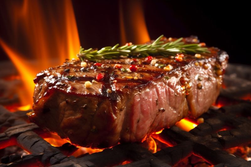 raw meat food red grill dark fried background beef steak pepper. Generative AI.