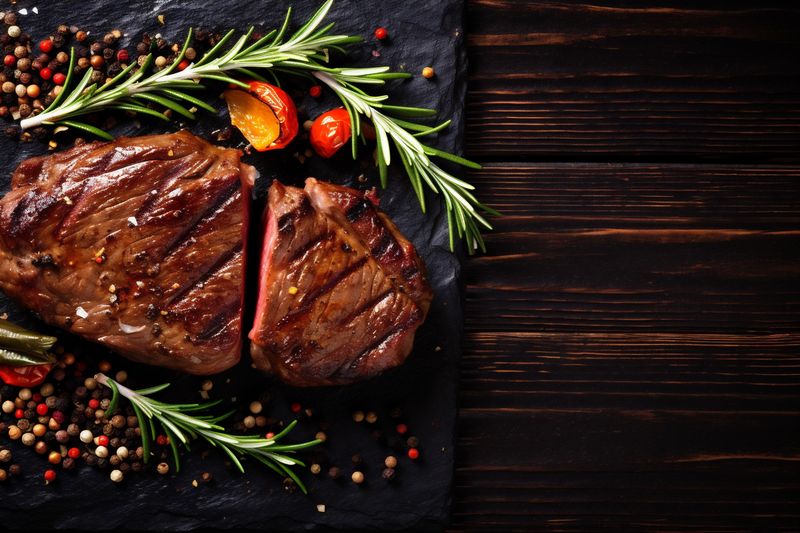 steak beef background grill dark meat food top red raw fried. Generative AI.