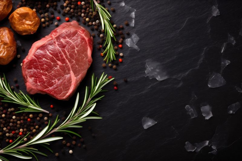 beef raw steak dark herb fried food red grill meat background. Generative AI.