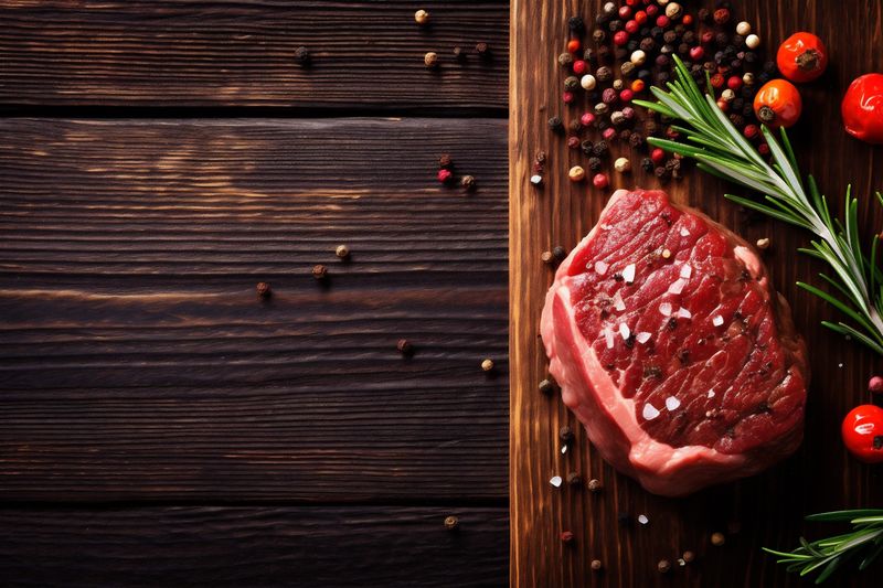 steak fried background raw meat red dark beef grill slice food. Generative AI.