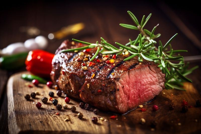 food steak dark beef meat background barbecue grill fried red raw. Generative AI.