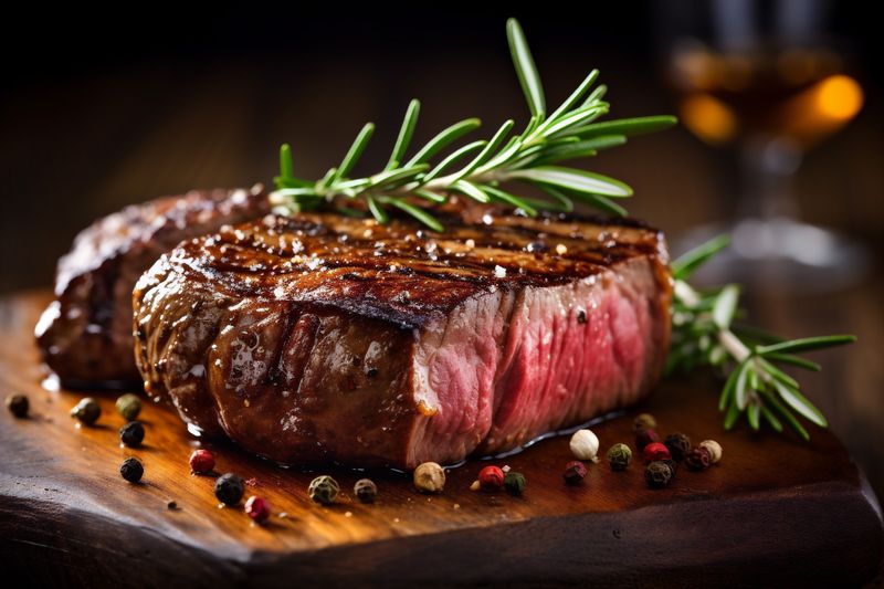 food fried cooking raw grill meat red background beef steak dark. Generative AI.