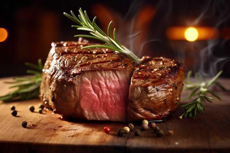 dark background fried beef grill raw red food steak cut meat. Generative AI.