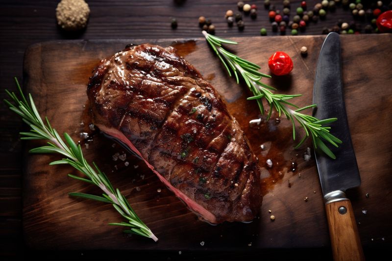 meat raw steak fried grill wooden background dark red food beef. Generative AI.