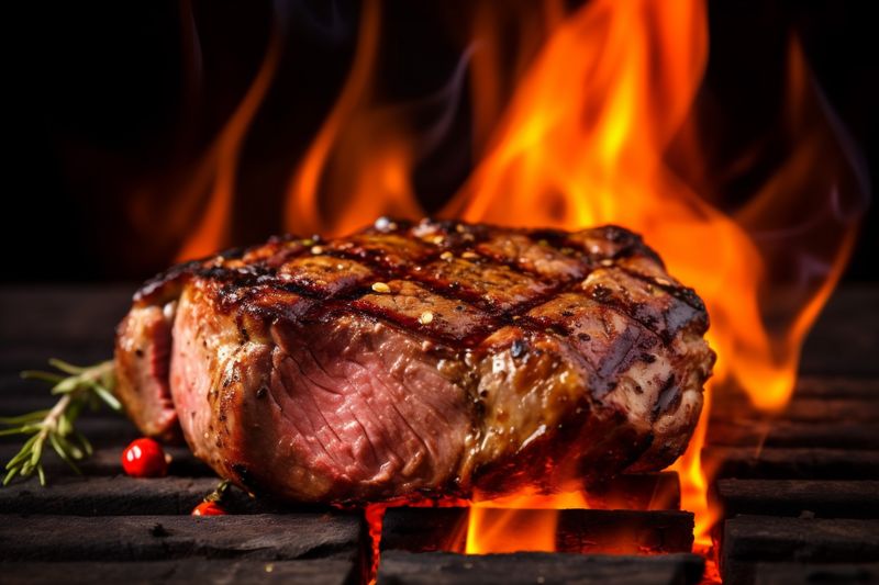 dark background raw red beef meat steak food grill fried top. Generative AI.