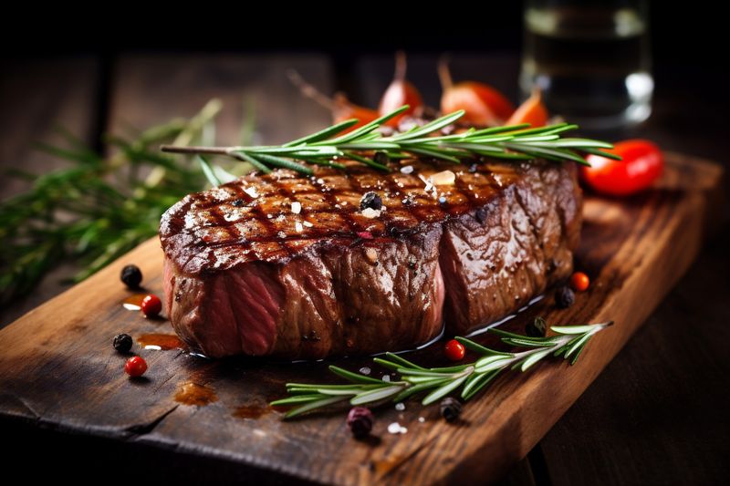 food fried red background dark raw beef grill steak meat medium. Generative AI.