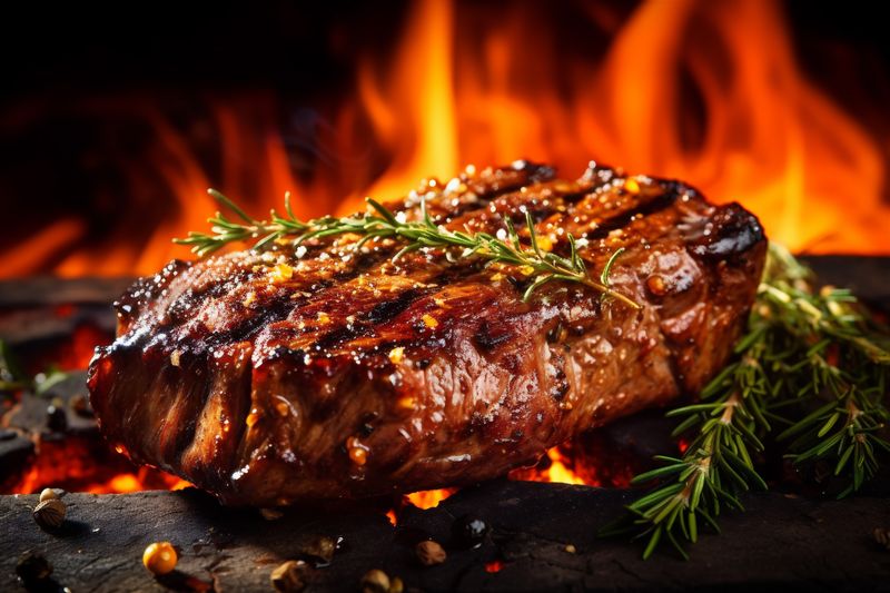 dark beef meat steak grill raw fried bbq red background food. Generative AI.