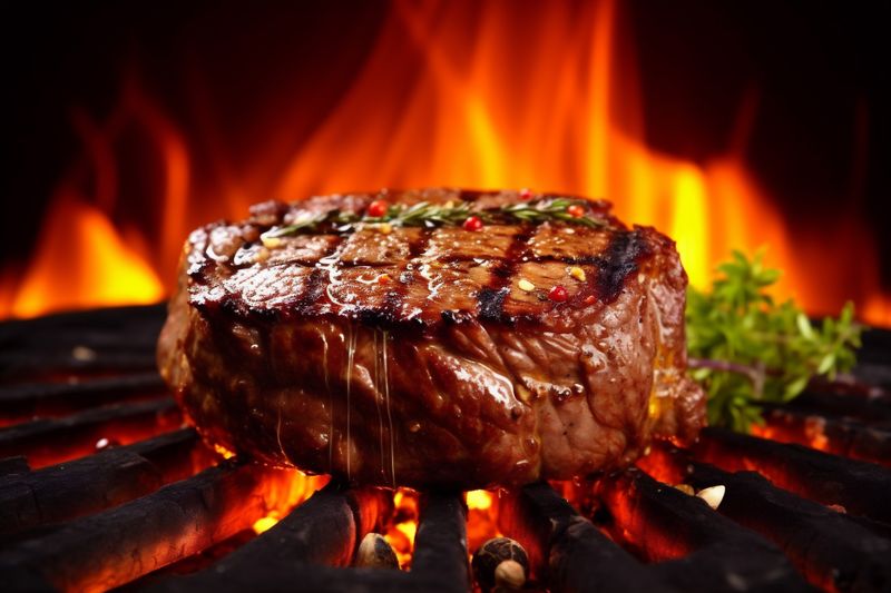 grill steak meat ribeye raw food beef background red fried dark. Generative AI.