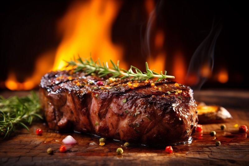 steak meat fried grill beef dark pepper raw red background food. Generative AI.