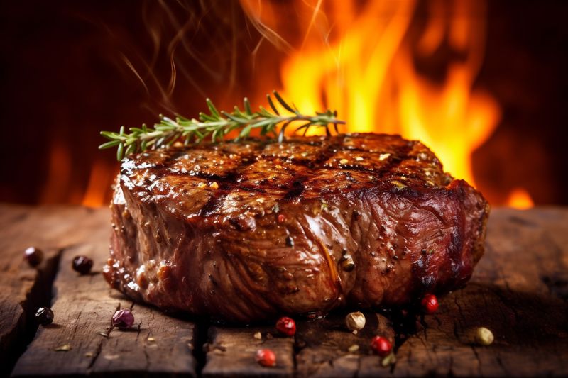 steak dark food raw meat red fried grill fire background beef. Generative AI.