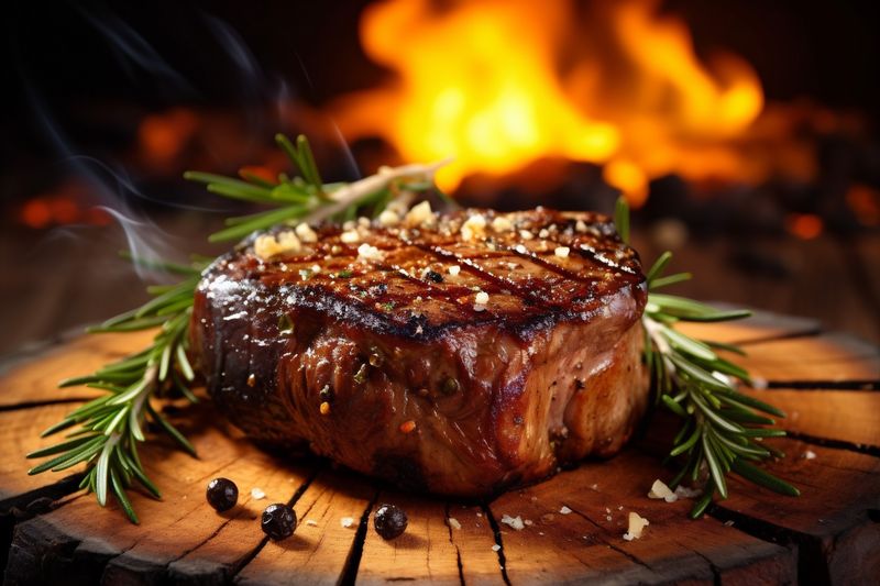 raw food meat background table fried grill red beef dark steak. Generative AI.