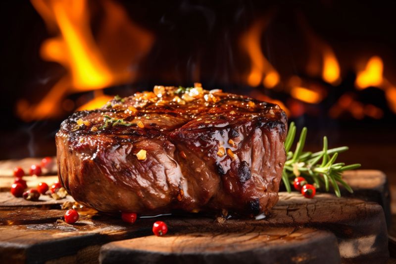 fried red food dark wooden grill beef meat steak raw background. Generative AI.