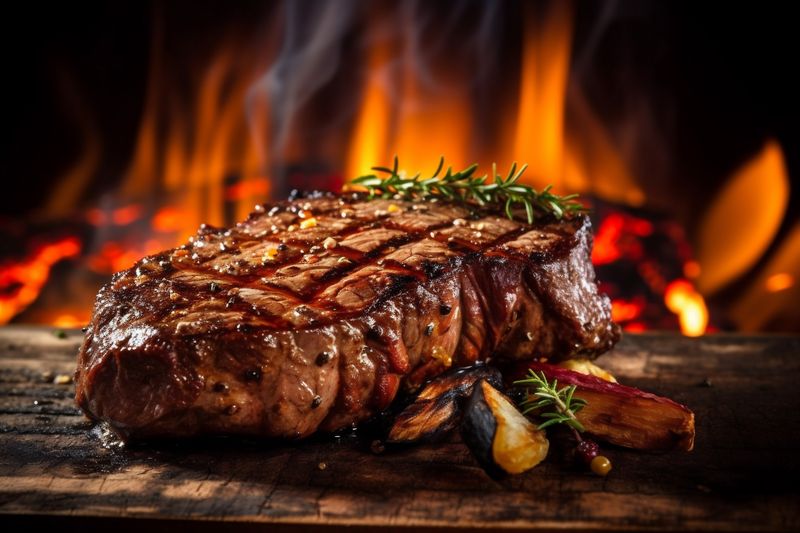 meat dark grill background chop raw steak red beef fried food. Generative AI.