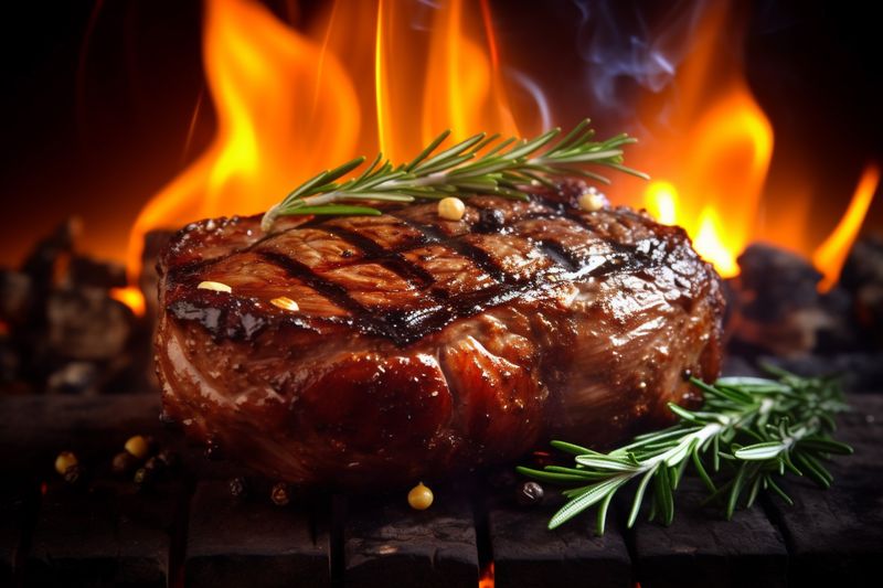 beef grill fried food raw steak background red dark tasty meat. Generative AI.