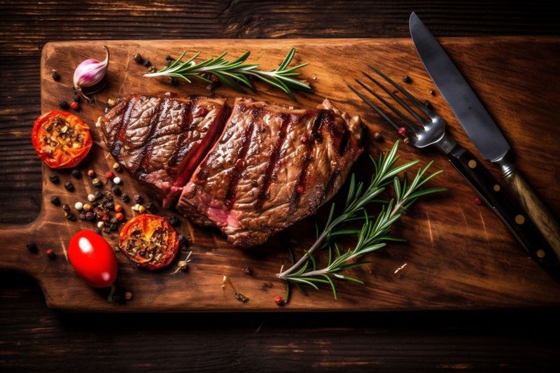 grill red raw board dark steak background beef fried meat food. Generative AI.