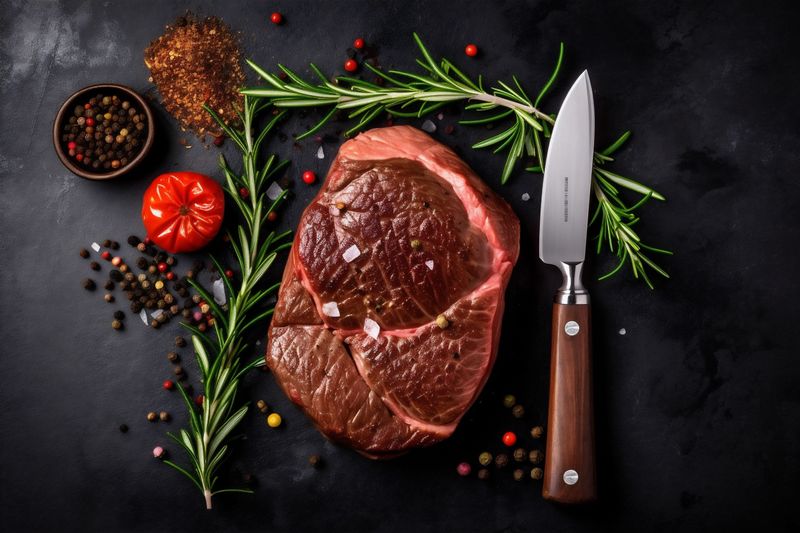 raw meat background red food steak dark top beef fried grill. Generative AI.