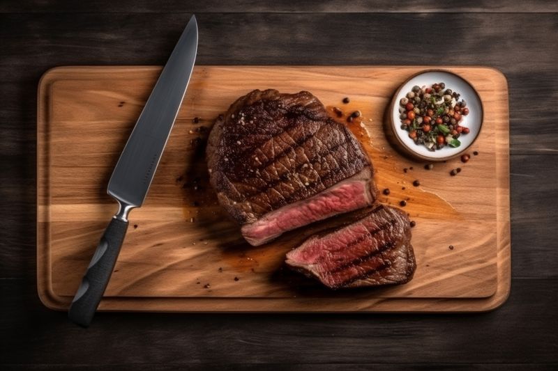 grill raw meat dark background fried food steak red bbq beef. Generative AI.