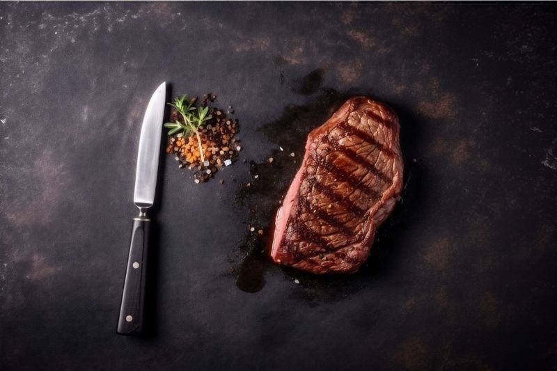 beef raw steak grill meat red food fried black dark background. Generative AI.